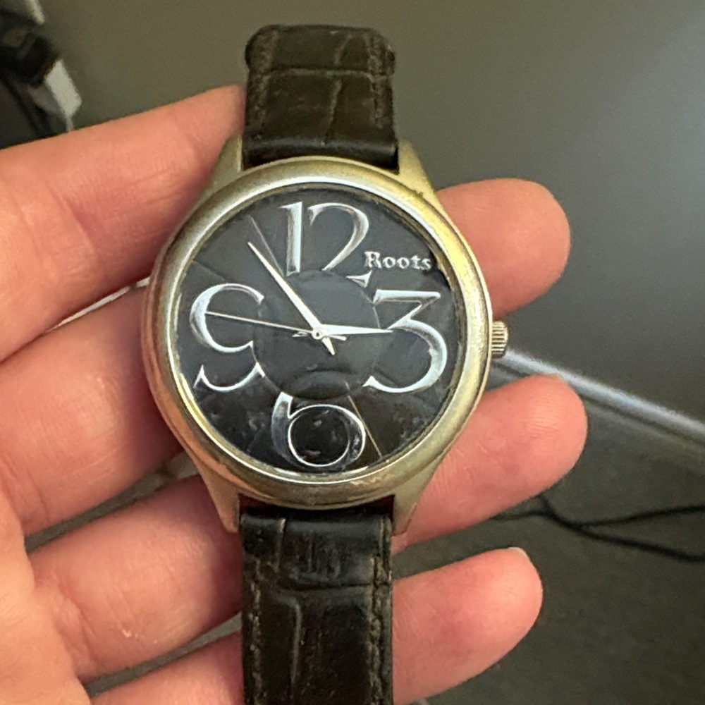 Roots Black and Silver Watch with Leather Strap